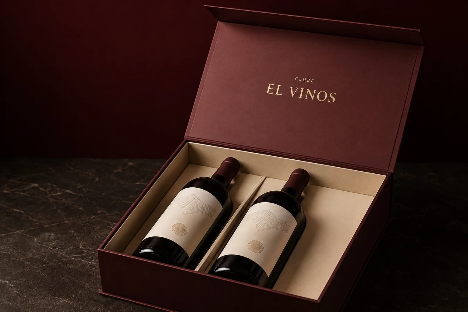 Ilustração da caixa do Clube El Vinos aberta, com duas garrafas de vinho